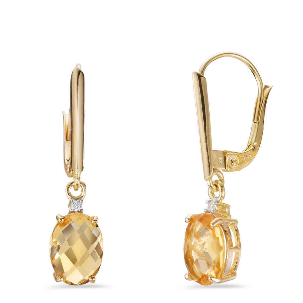 Drop Earrings 9k Yellow Gold Citrine 2 Stones, Zirconia 2 Stones