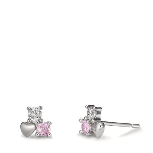 Stud earrings Silver Zirconia 4 Stones Rhodium plated Heart