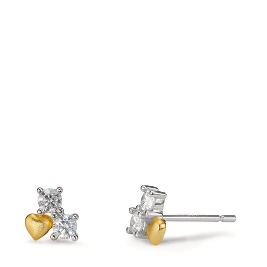 Stud earrings Silver Zirconia 4 Stones Yellow Rhodium plated Heart