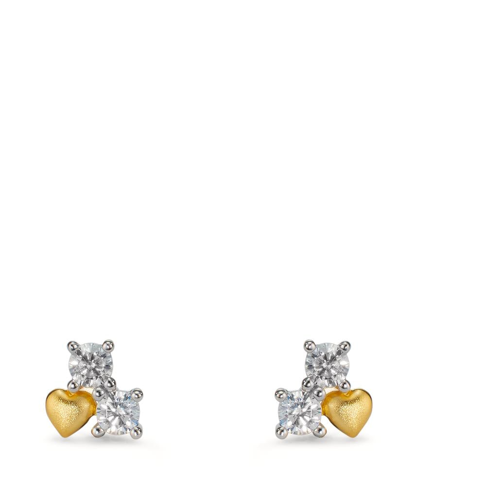 Stud earrings Silver Zirconia 4 Stones Yellow Rhodium plated Heart