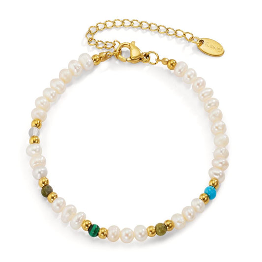 Bracelet Stainless steel [synth. Stein] 5 Stones Yellow IP coated Freshwater pearl 17-22 cm