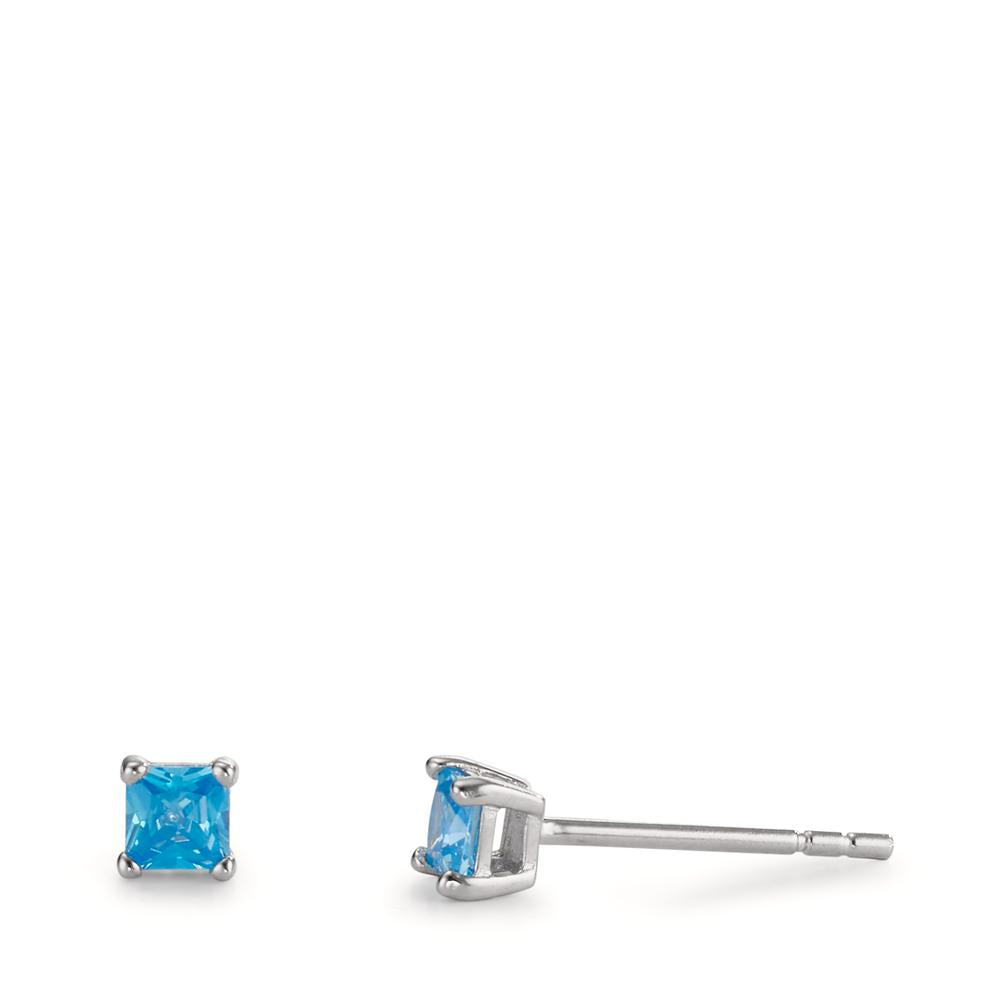 Stud earrings Silver Zirconia Blue, 2 Stones Rhodium plated Ø3.5 mm