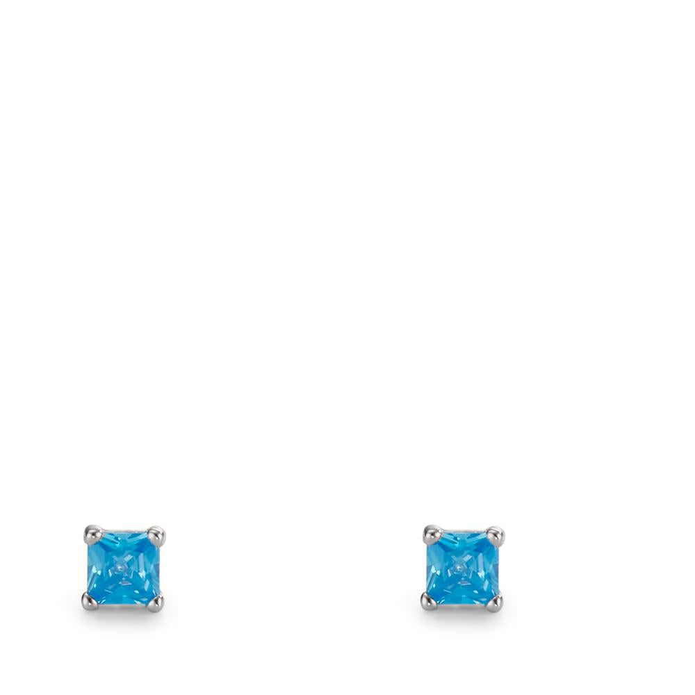 Stud earrings Silver Zirconia Blue, 2 Stones Rhodium plated Ø3.5 mm