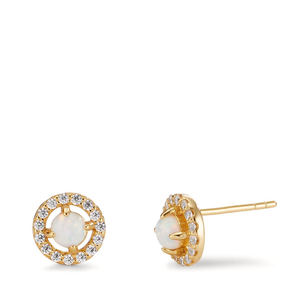 Stud earrings Silver Zirconia, Synthetic Opal 2 Stones Yellow Gold plated Ø8 mm