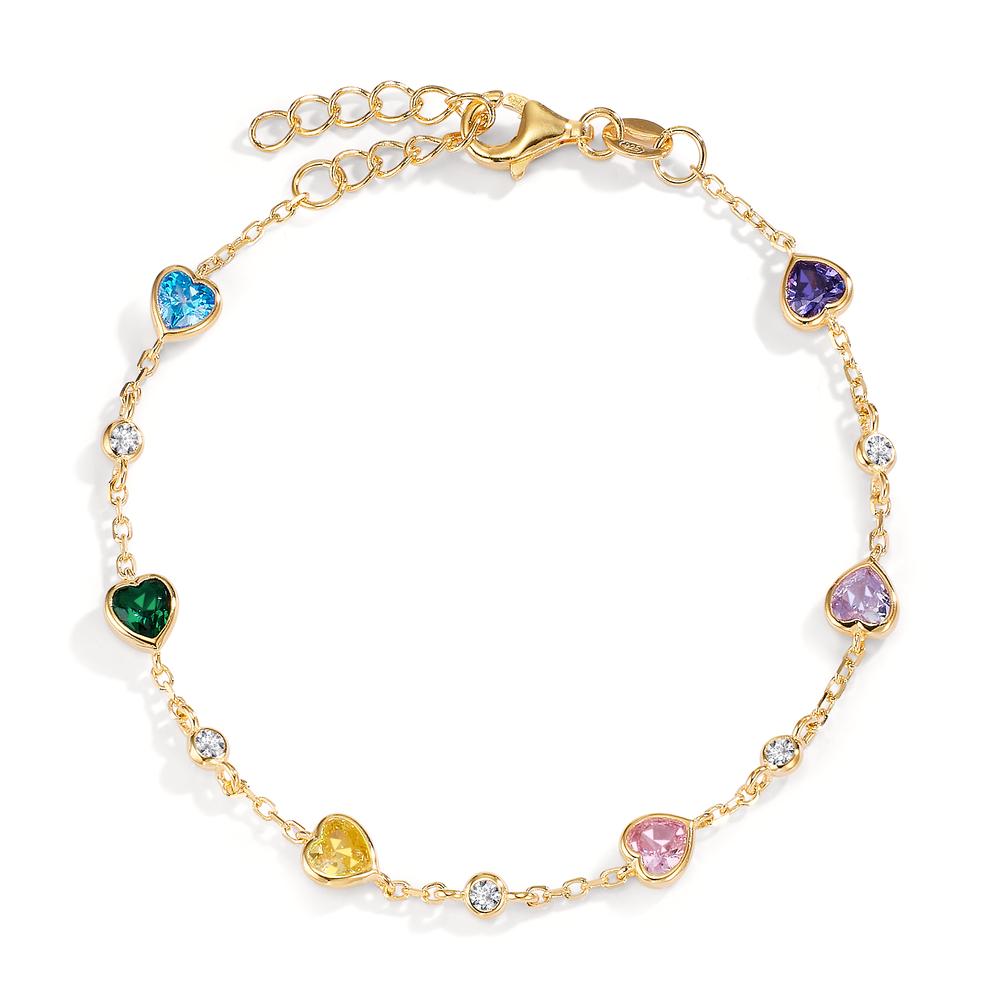 Bracelet Silver Zirconia Colorful, 11 Stones Yellow Gold plated Heart 16-19 cm