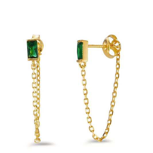 Drop Earrings Silver Zirconia Green, 2 Stones Yellow Gold plated