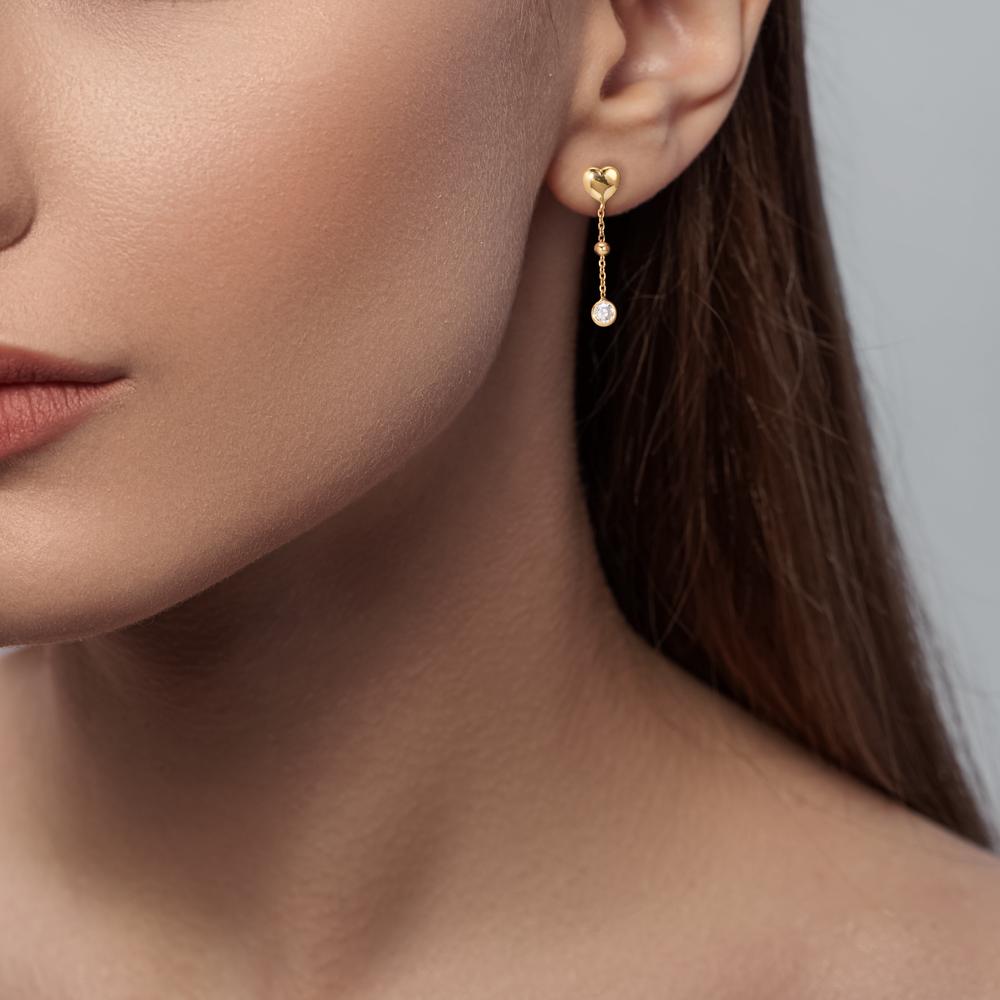 Drop Earrings Silver Zirconia 2 Stones Yellow Gold plated Heart