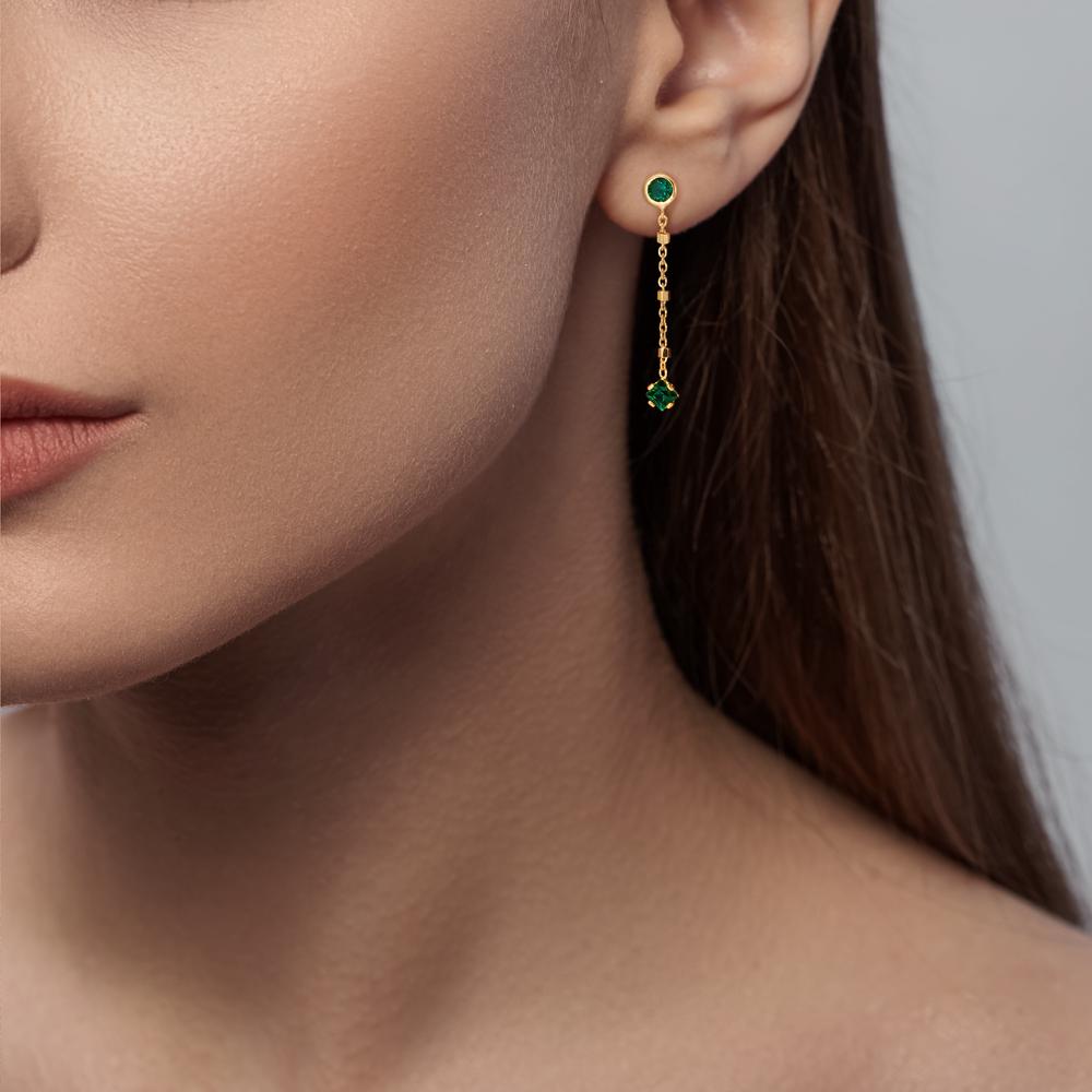 Drop Earrings Silver Zirconia Green, 4 Stones Yellow Gold plated