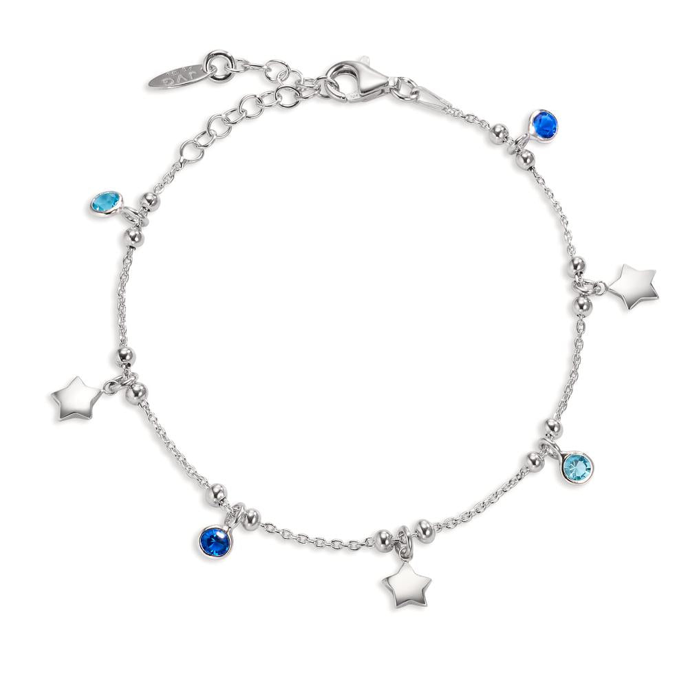 Bracelet Silver Zirconia Blue, 3 Stones Rhodium plated Star 16-19 cm