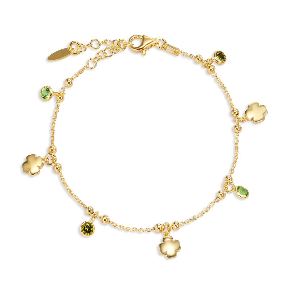 Bracelet Silver Zirconia Green, 4 Stones Yellow Gold plated Cloverleaf 16-19 cm