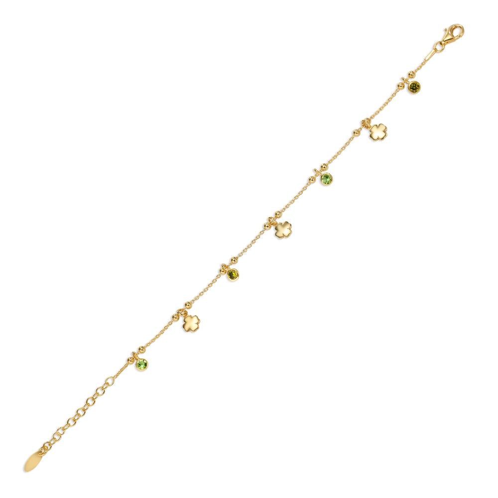 Bracelet Silver Zirconia Green, 4 Stones Yellow Gold plated Cloverleaf 16-19 cm