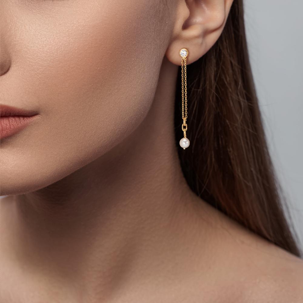 Drop Earrings Silver Zirconia 2 Stones Yellow Gold plated Shining pearls