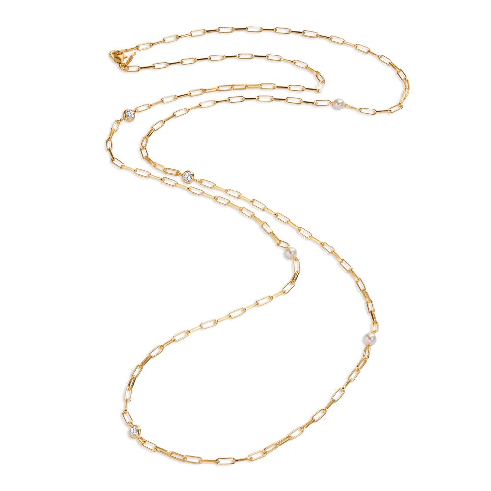 Necklace Silver Zirconia 2 Stones Yellow Gold plated Shining pearls 85 cm