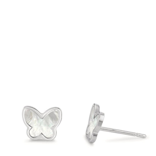 Stud earrings Silver Rhodium plated Mother of pearl Butterfly Ø8 mm