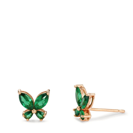 Stud earrings Bronze Zirconia Green, 8 Stones Gold plated Butterfly Ø8.5 mm