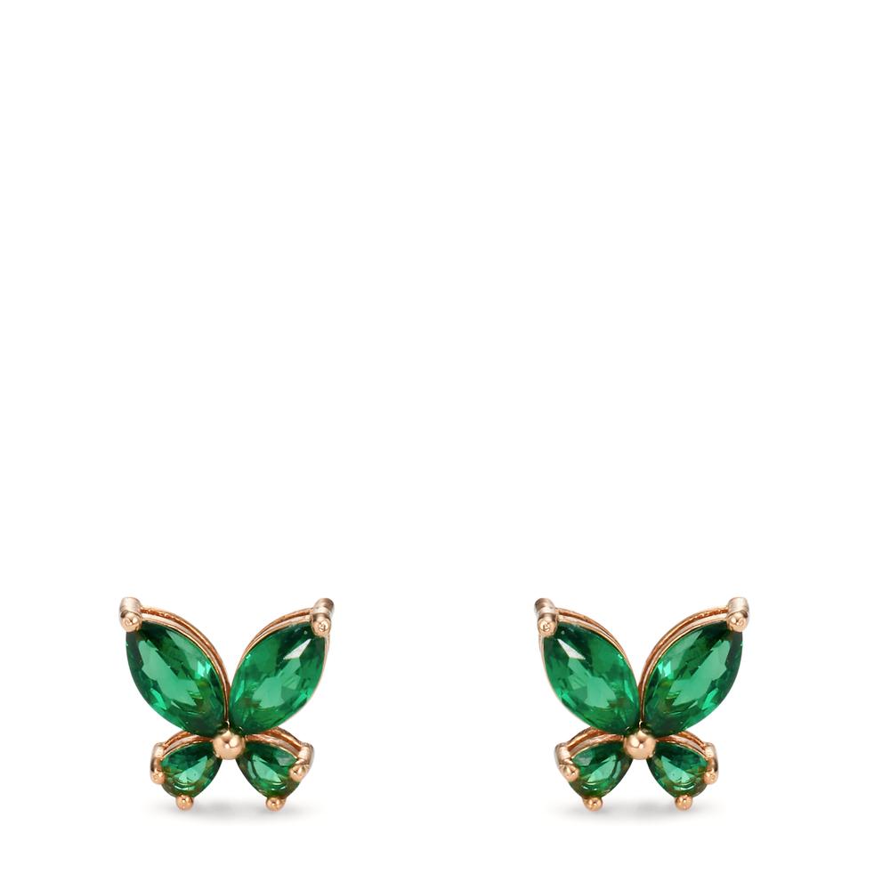 Stud earrings Bronze Zirconia Green, 8 Stones Gold plated Butterfly Ø8.5 mm