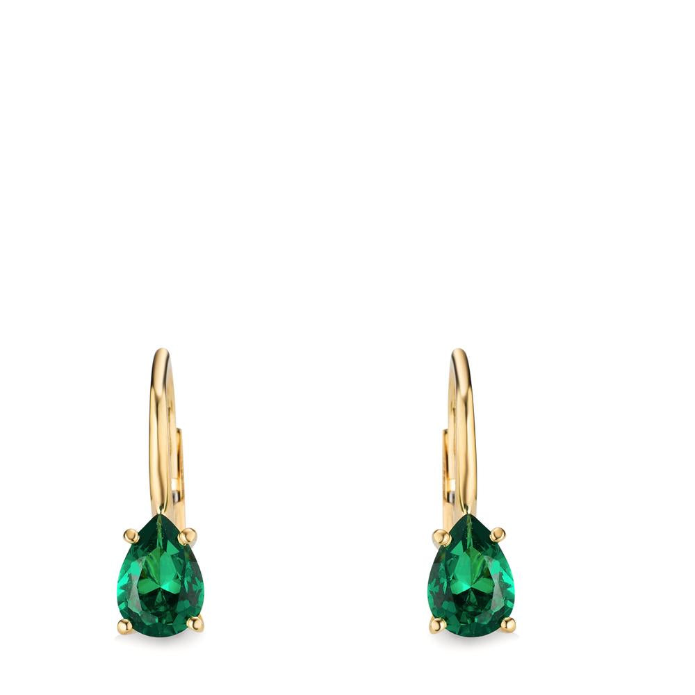 Drop Earrings 14k Yellow Gold Zirconia Green, 2 Stones