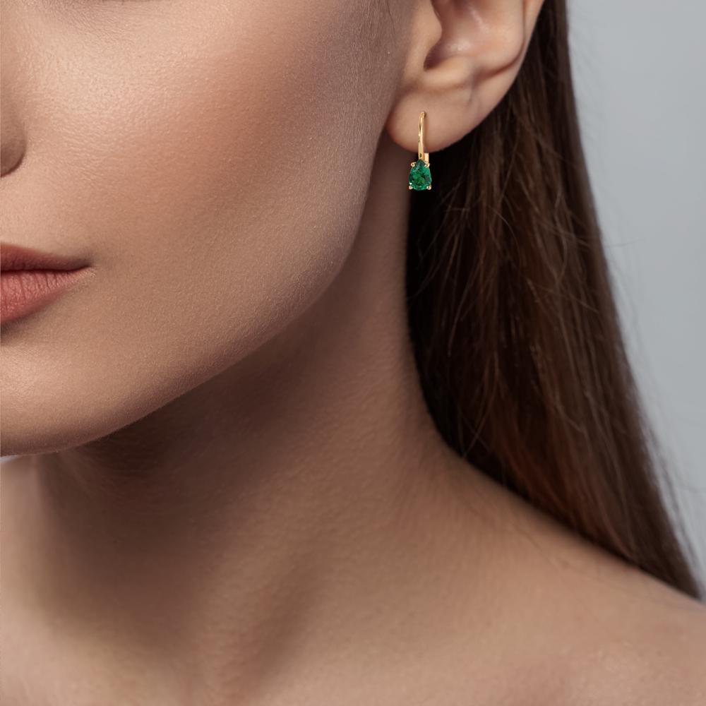 Drop Earrings 14k Yellow Gold Zirconia Green, 2 Stones