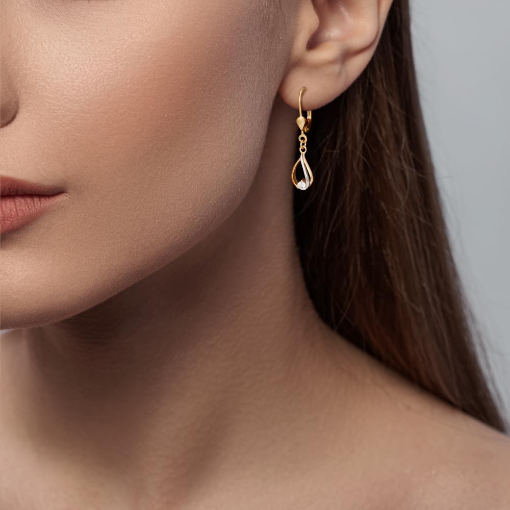 Drop Earrings 9k Yellow Gold Zirconia 2 Stones Bicolor