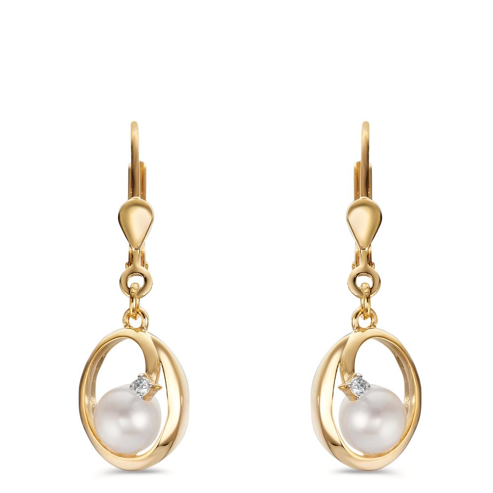 Drop Earrings 9k Yellow Gold Zirconia 2 Stones Freshwater pearl