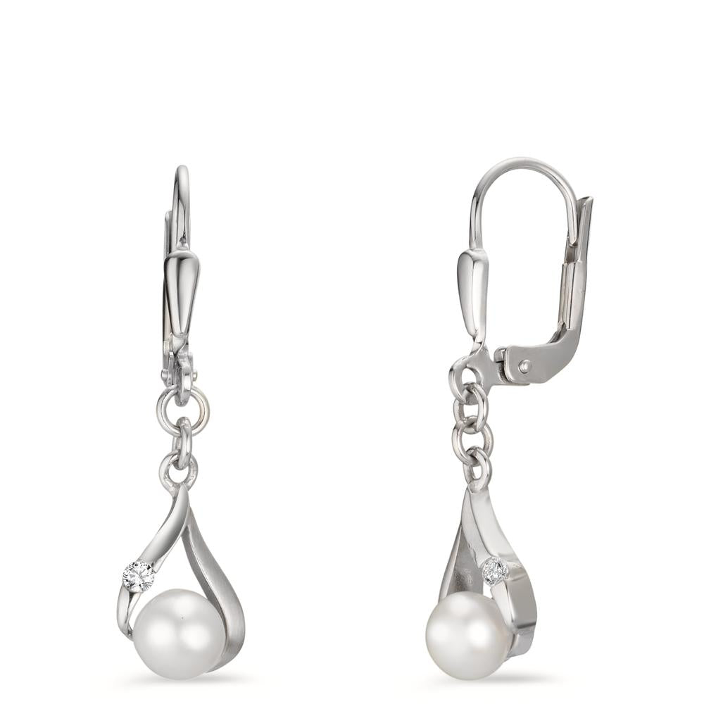 Drop Earrings 9k White Gold Zirconia 2 Stones Freshwater pearl