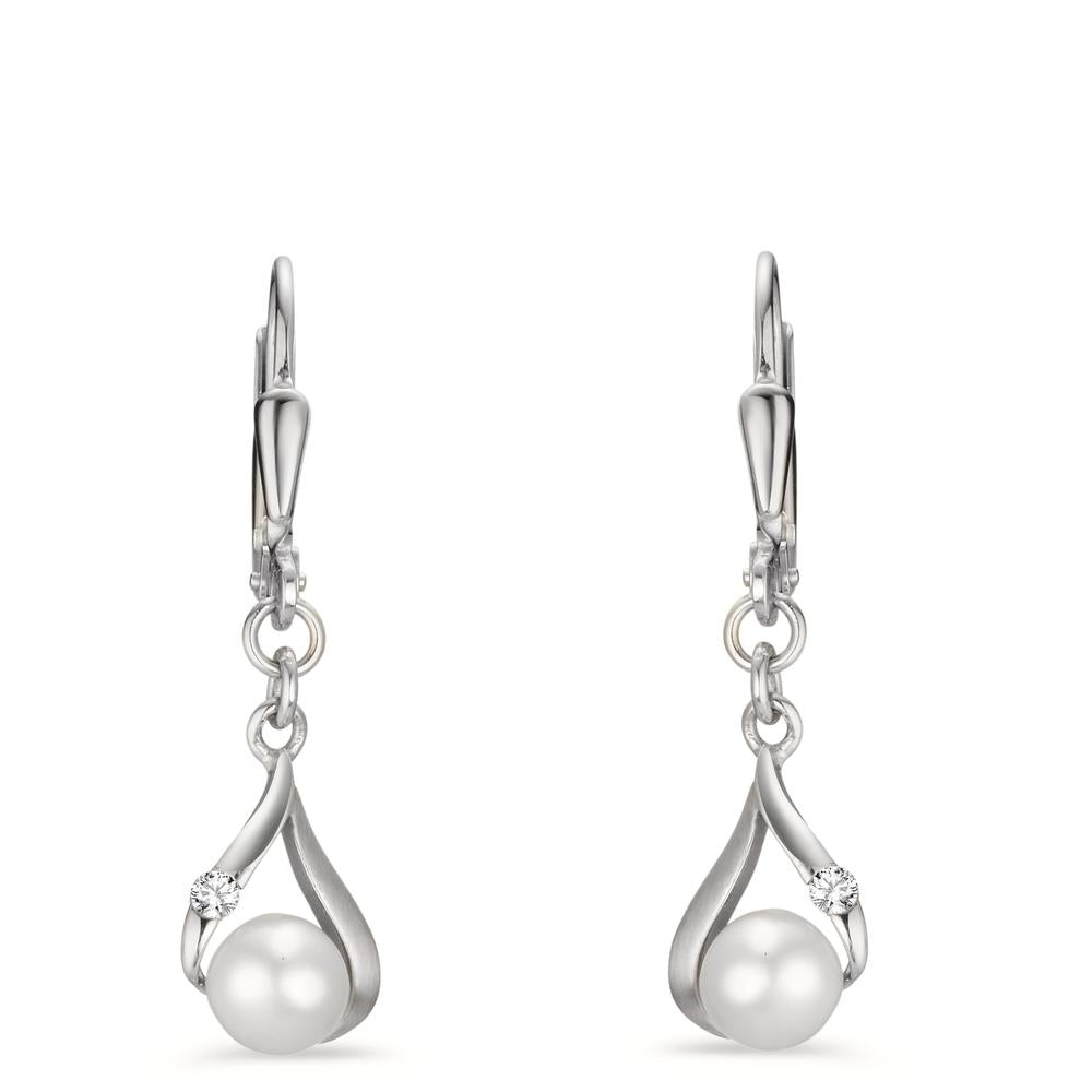 Drop Earrings 9k White Gold Zirconia 2 Stones Freshwater pearl