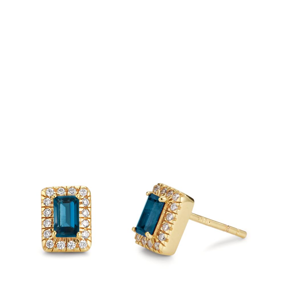 Stud earrings 9k Yellow Gold London Blue Topaz 2 Stones, Zirconia 32 Stones