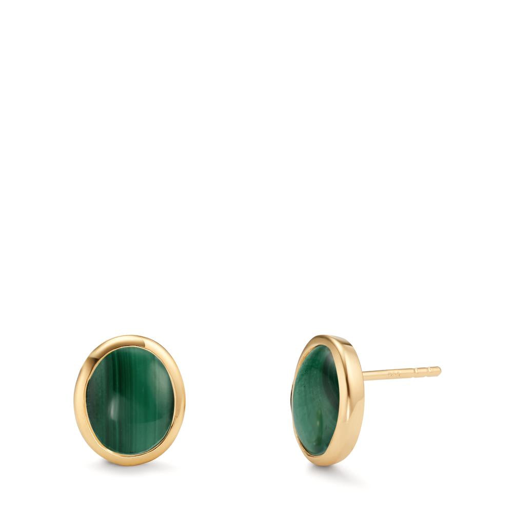 Stud earrings Silver Malachite 2 Stones Yellow Gold plated