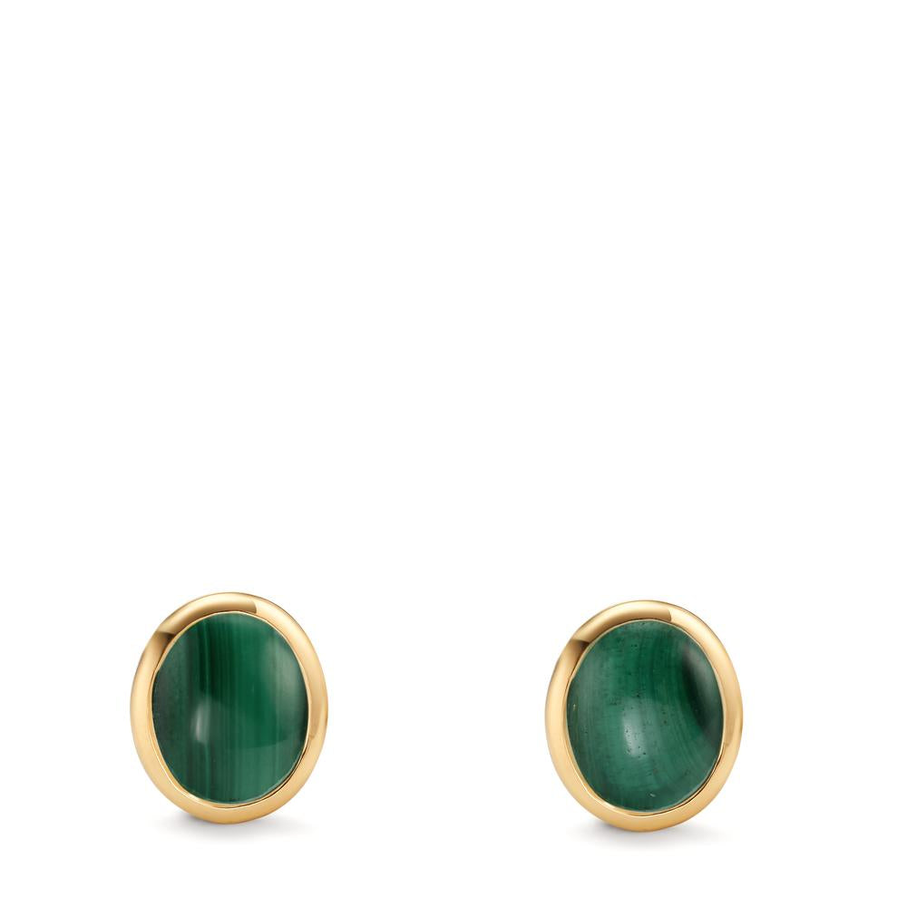 Stud earrings Silver Malachite 2 Stones Yellow Gold plated