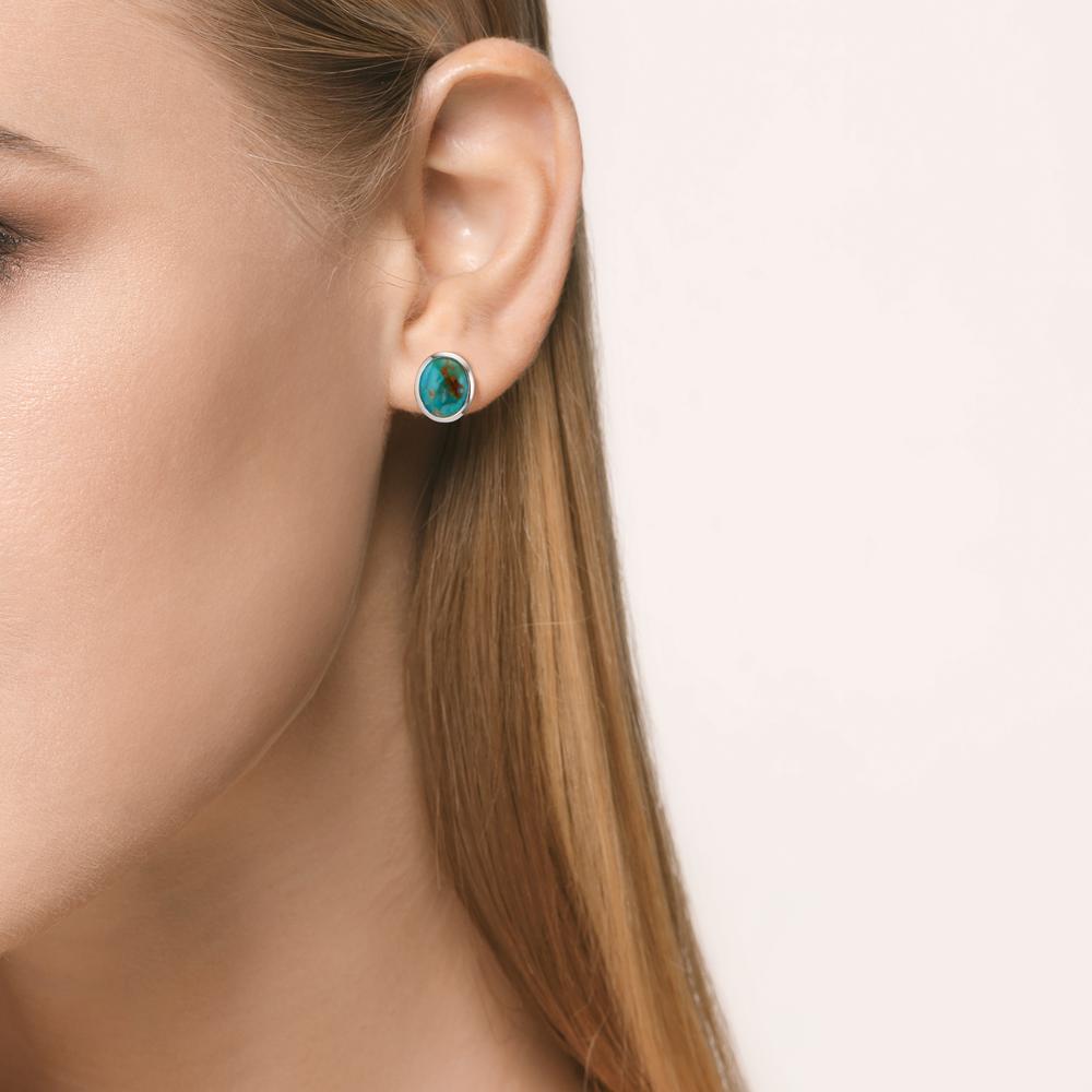 Stud earrings Silver Turquoise 2 Stones Rhodium plated