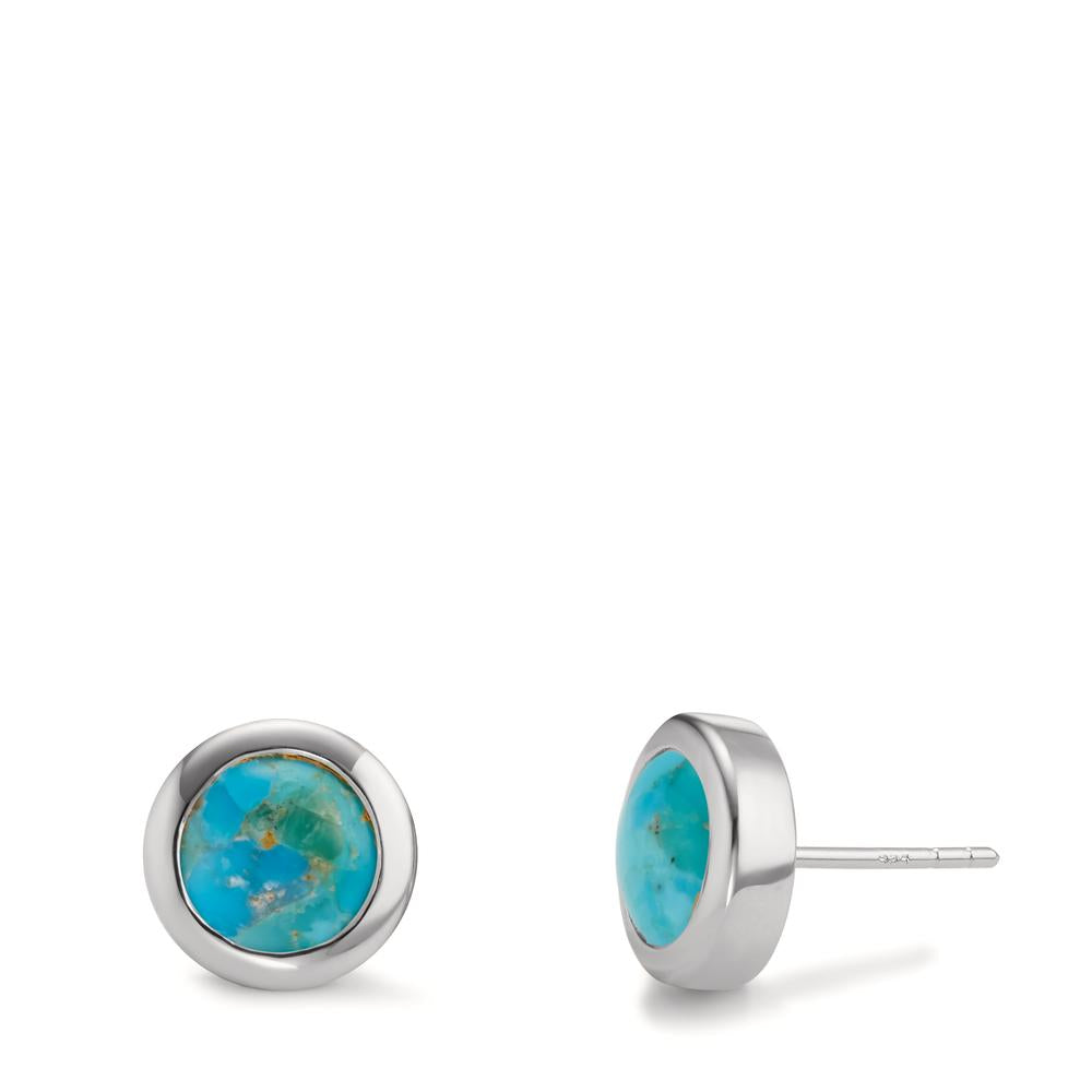 Stud earrings Silver Turquoise 2 Stones Rhodium plated Ø10 mm