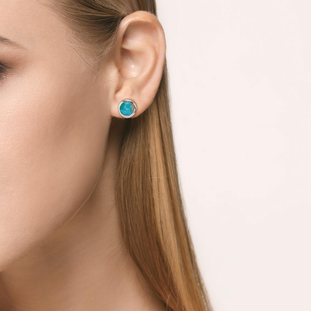 Stud earrings Silver Turquoise 2 Stones Rhodium plated Ø10 mm