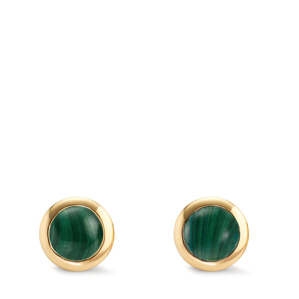 Stud earrings Silver Malachite 2 Stones Yellow Gold plated Ø10 mm