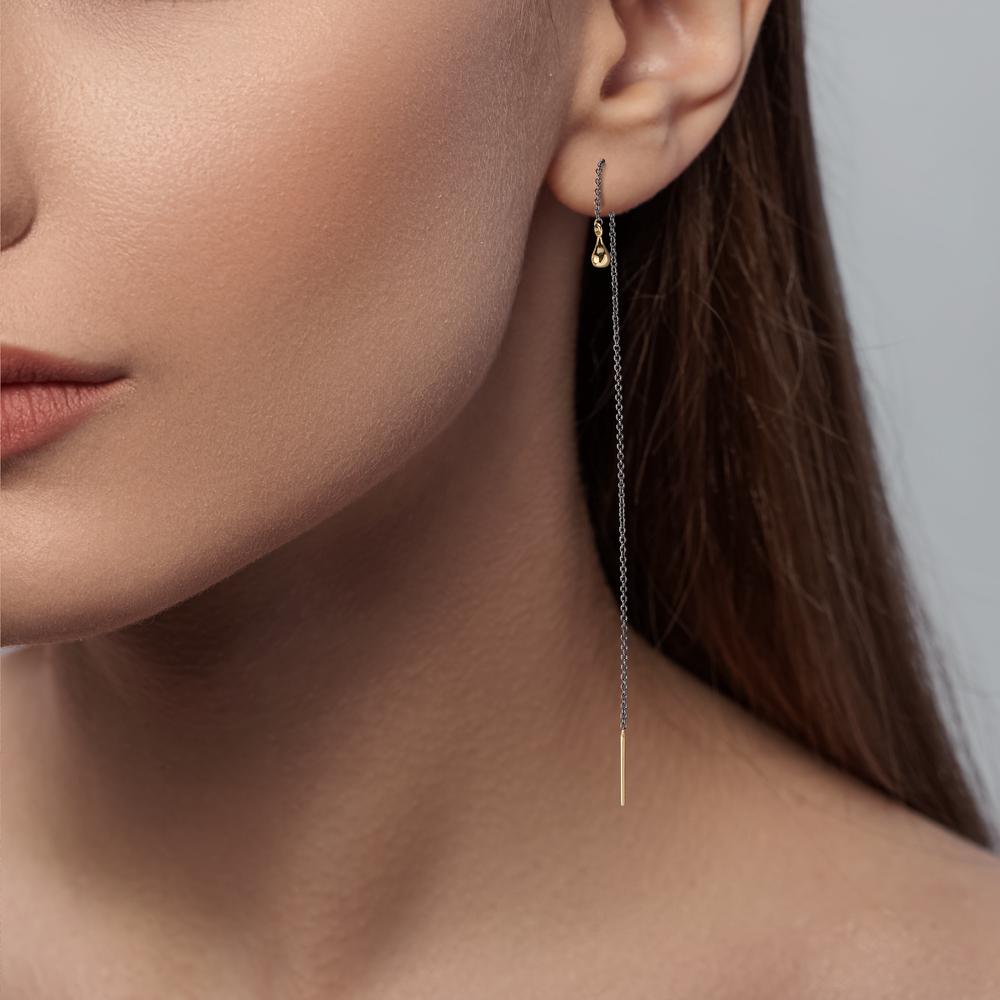 Drop Earrings 14k Yellow Gold, Silver Black Rhodium plated