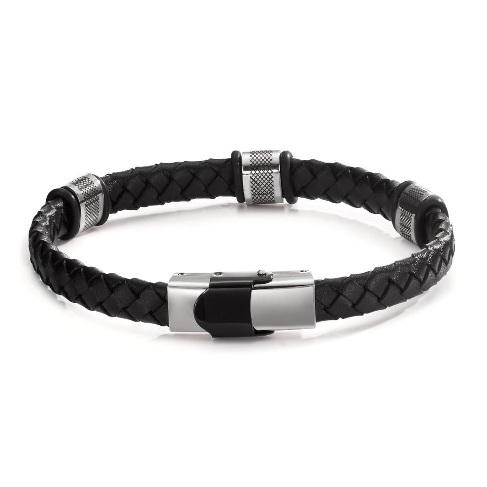 Bracelet Stainless steel, Leather, Rubber Black IP coated 22 cm