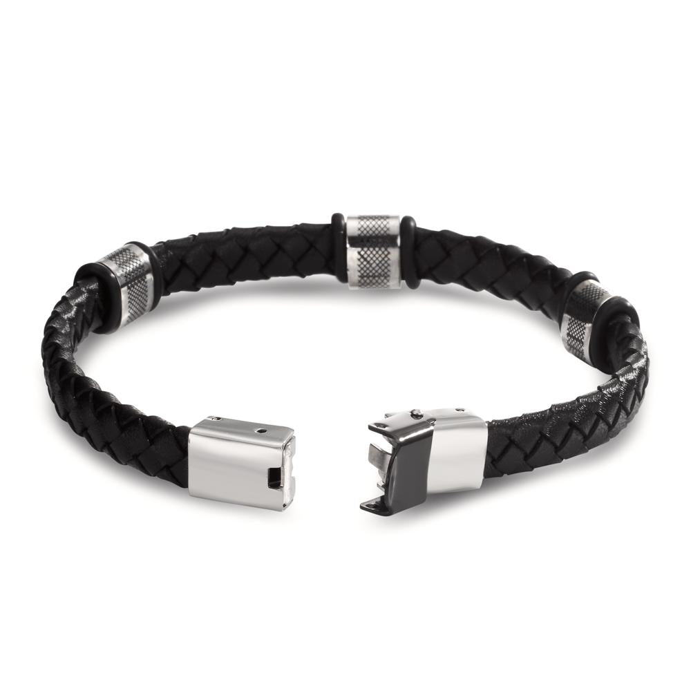 Bracelet Stainless steel, Leather, Rubber Black IP coated 22 cm