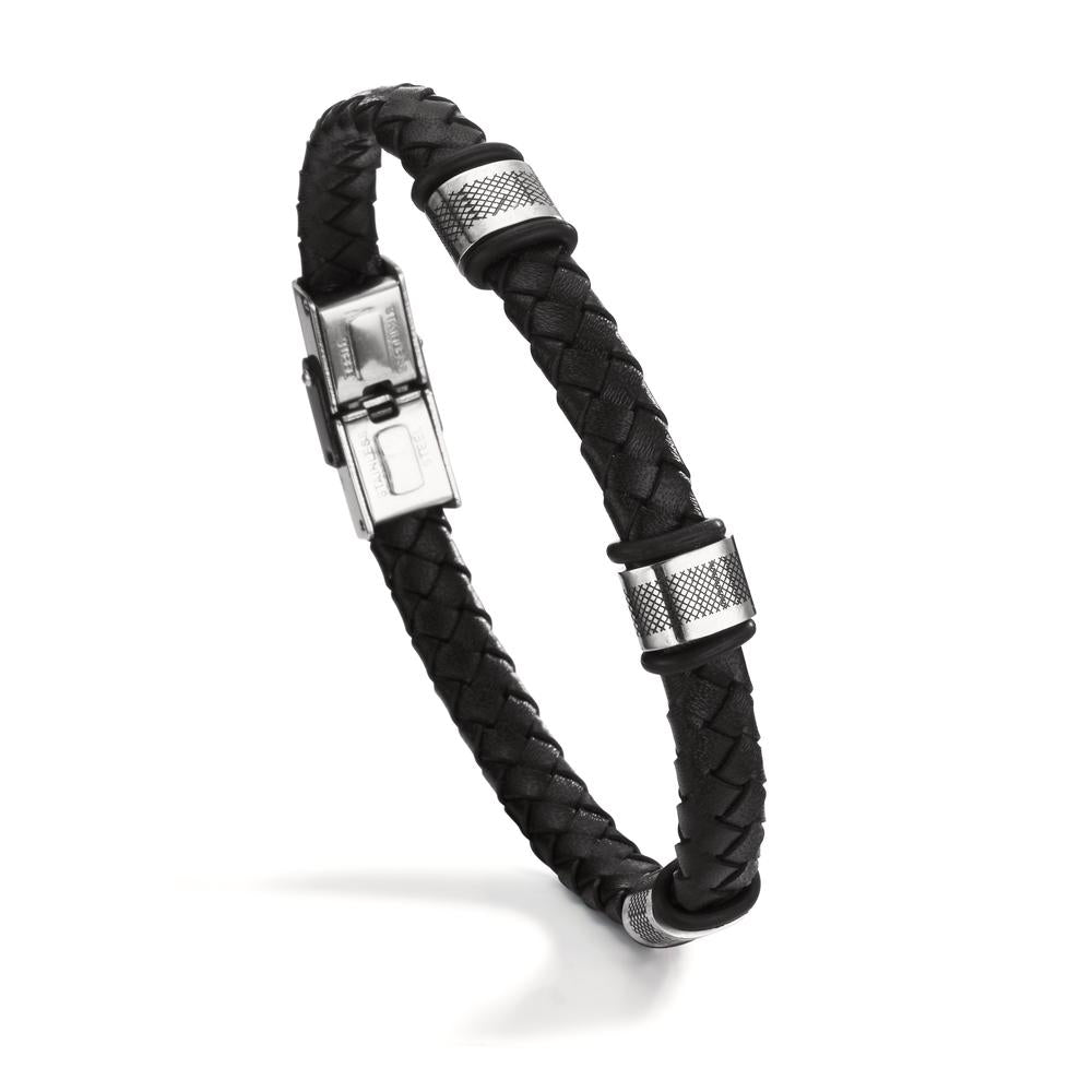 Bracelet Stainless steel, Leather, Rubber Black IP coated 22 cm