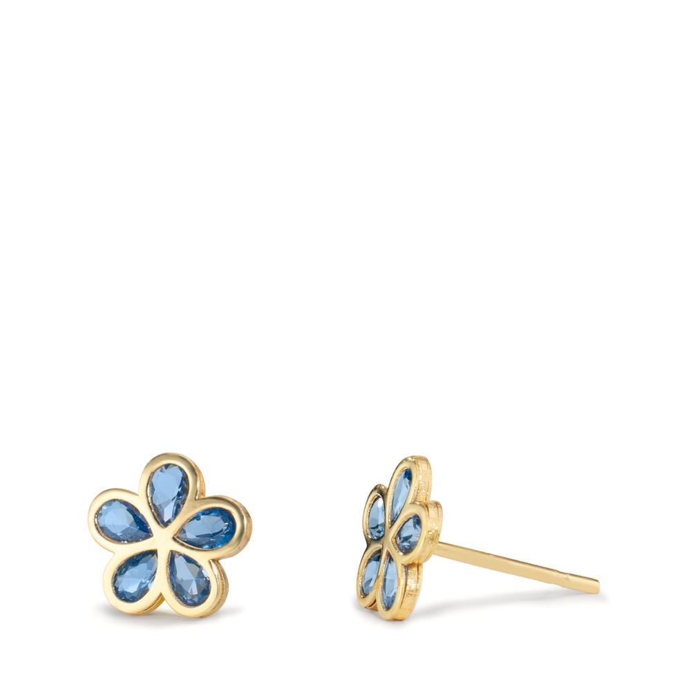 Stud earrings 9k Yellow Gold Zirconia Blue, 5 Stones Flower Ø7.3 mm