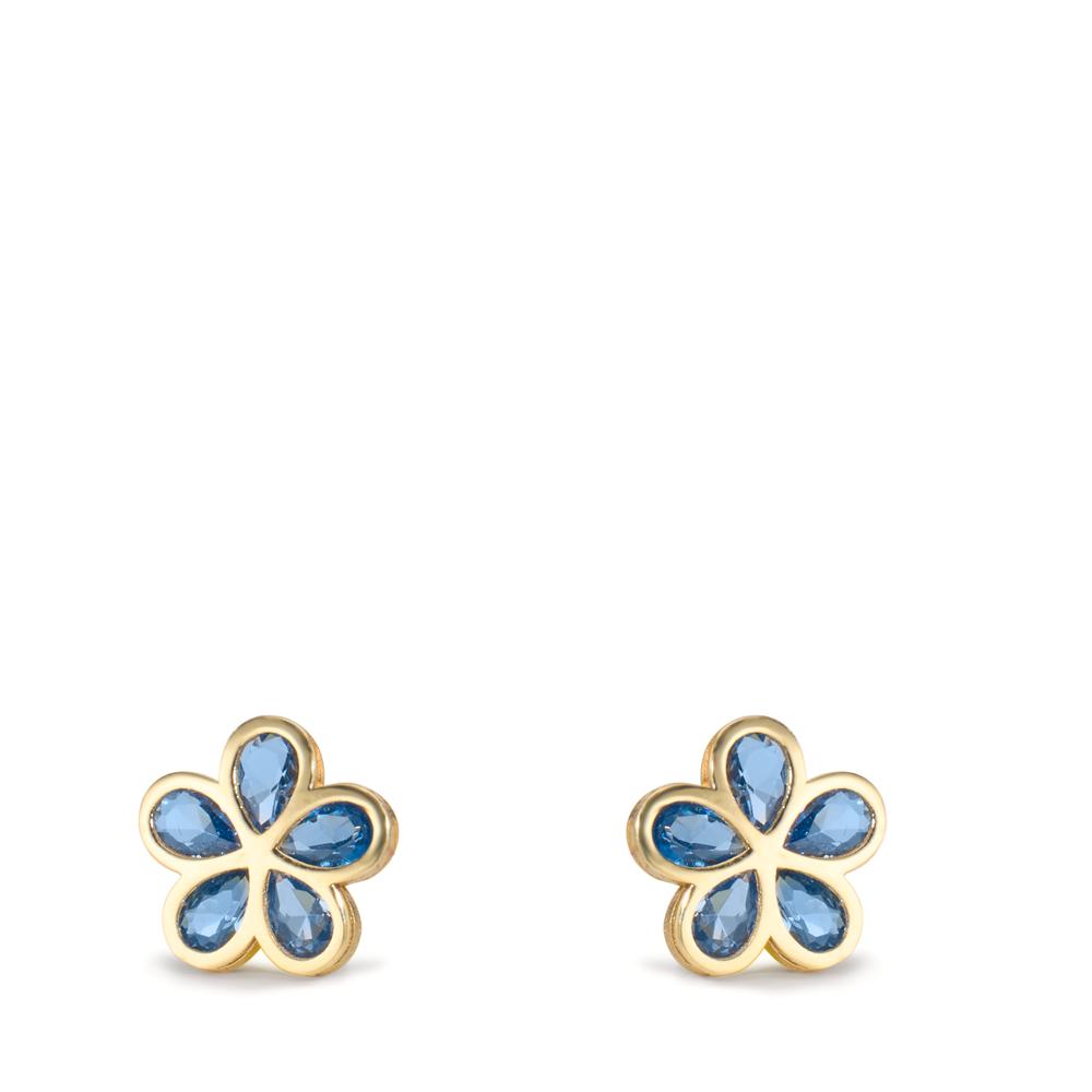 Stud earrings 9k Yellow Gold Zirconia Blue, 5 Stones Flower Ø7.3 mm