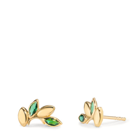 Stud earrings 9k Yellow Gold Zirconia Green, 4 Stones Leaf