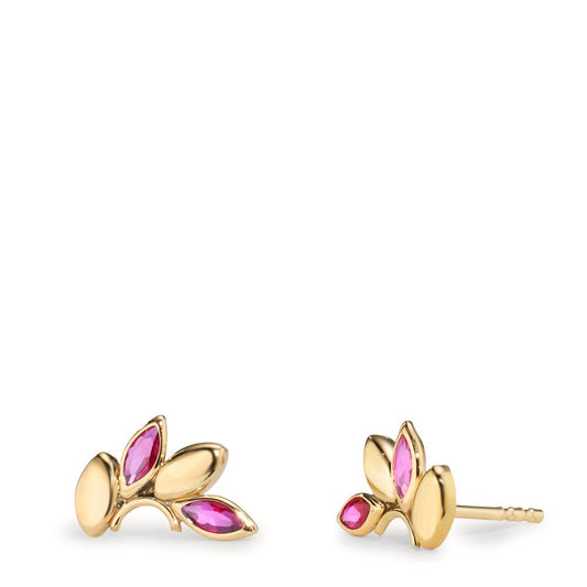 Stud earrings 9k Yellow Gold Zirconia Red, 4 Stones Leaf