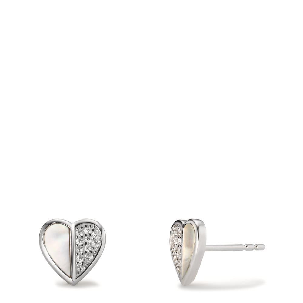 Stud earrings Silver Zirconia Rhodium plated Mother of pearl Heart Ø9 mm