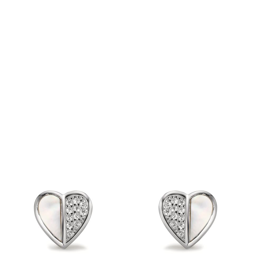 Stud earrings Silver Zirconia Rhodium plated Mother of pearl Heart Ø9 mm