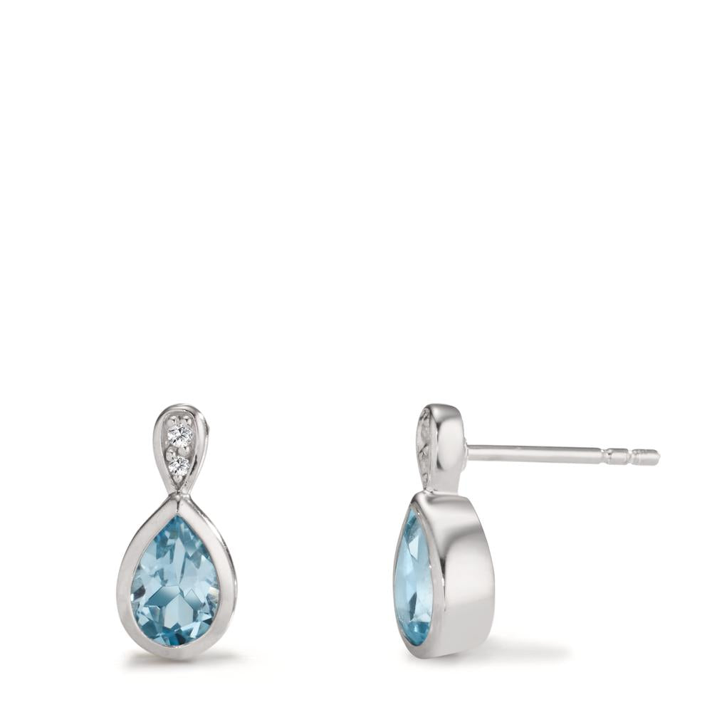 Drop Earrings Silver Zirconia 4 Stones, Topaz Blue, 2 Stones Rhodium plated