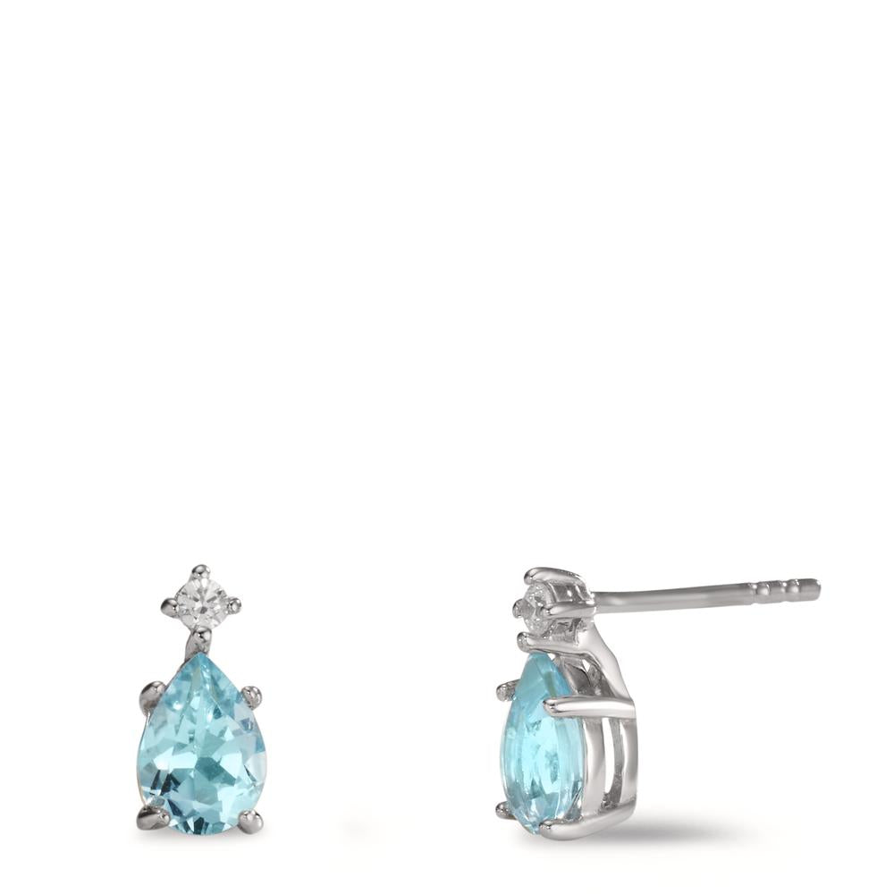 Stud earrings Silver Zirconia 2 Stones, Topaz Blue, 2 Stones Rhodium plated