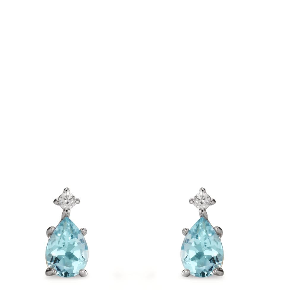 Stud earrings Silver Zirconia 2 Stones, Topaz Blue, 2 Stones Rhodium plated