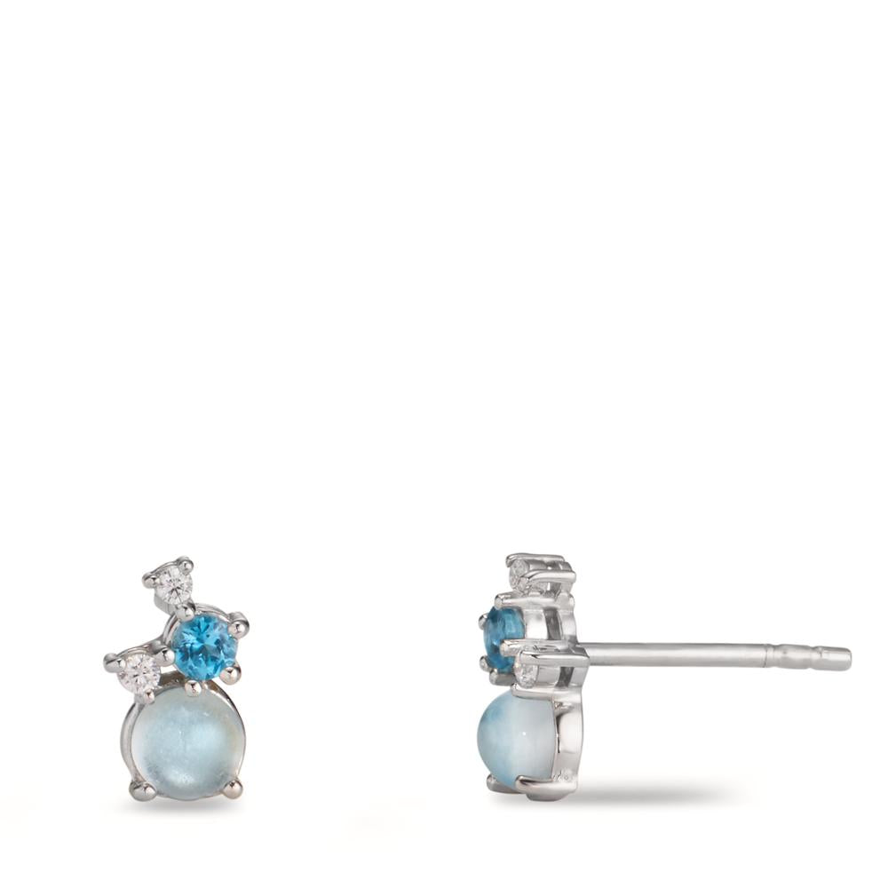 Stud earrings Silver Zirconia 2 Stones, London Blue Topaz 2 Stones, Topaz Blue, 2 Stones Rhodium plated