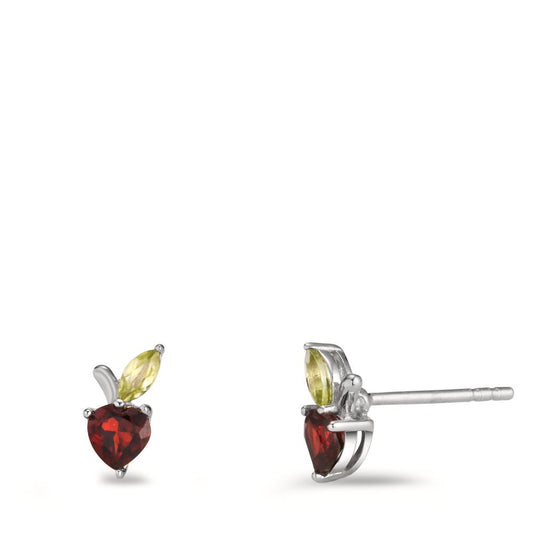 Stud earrings Silver Garnet 2 Stones, Peridot 2 Stones Rhodium plated Apple Ø6 mm