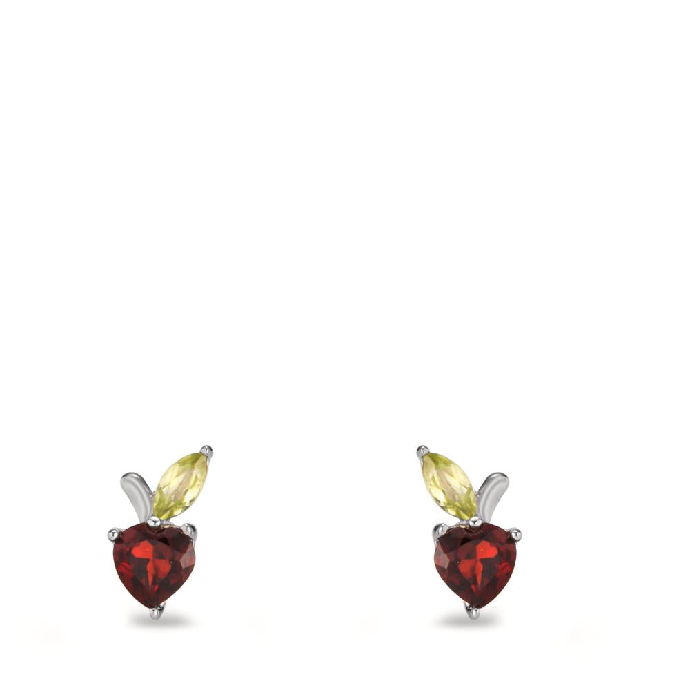 Stud earrings Silver Garnet 2 Stones, Peridot 2 Stones Rhodium plated Apple Ø6 mm