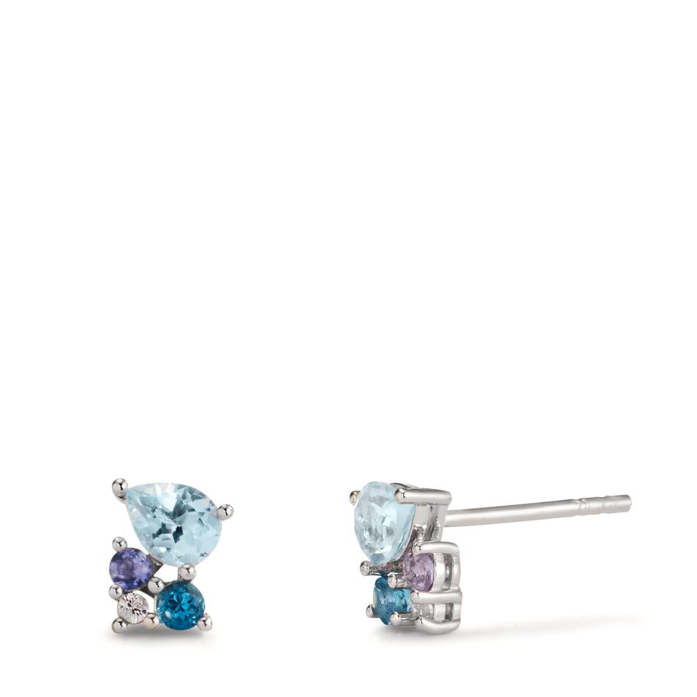 Stud earrings Silver Zirconia 2 Stones, Iolite 2 Stones, London Blue Topaz 2 Stones, Topaz Blue Rhodium plated